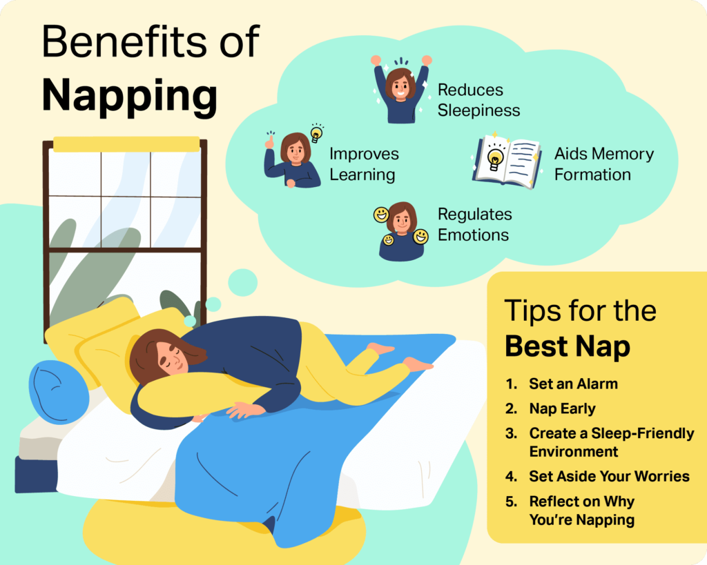 Benefits of napping include reduced sleepiness, better memory, improved learning, and balanced mood. 