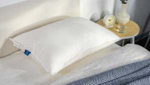 A picture of the Brooklinen Down Pillow in Sleep Foundation's test lab.