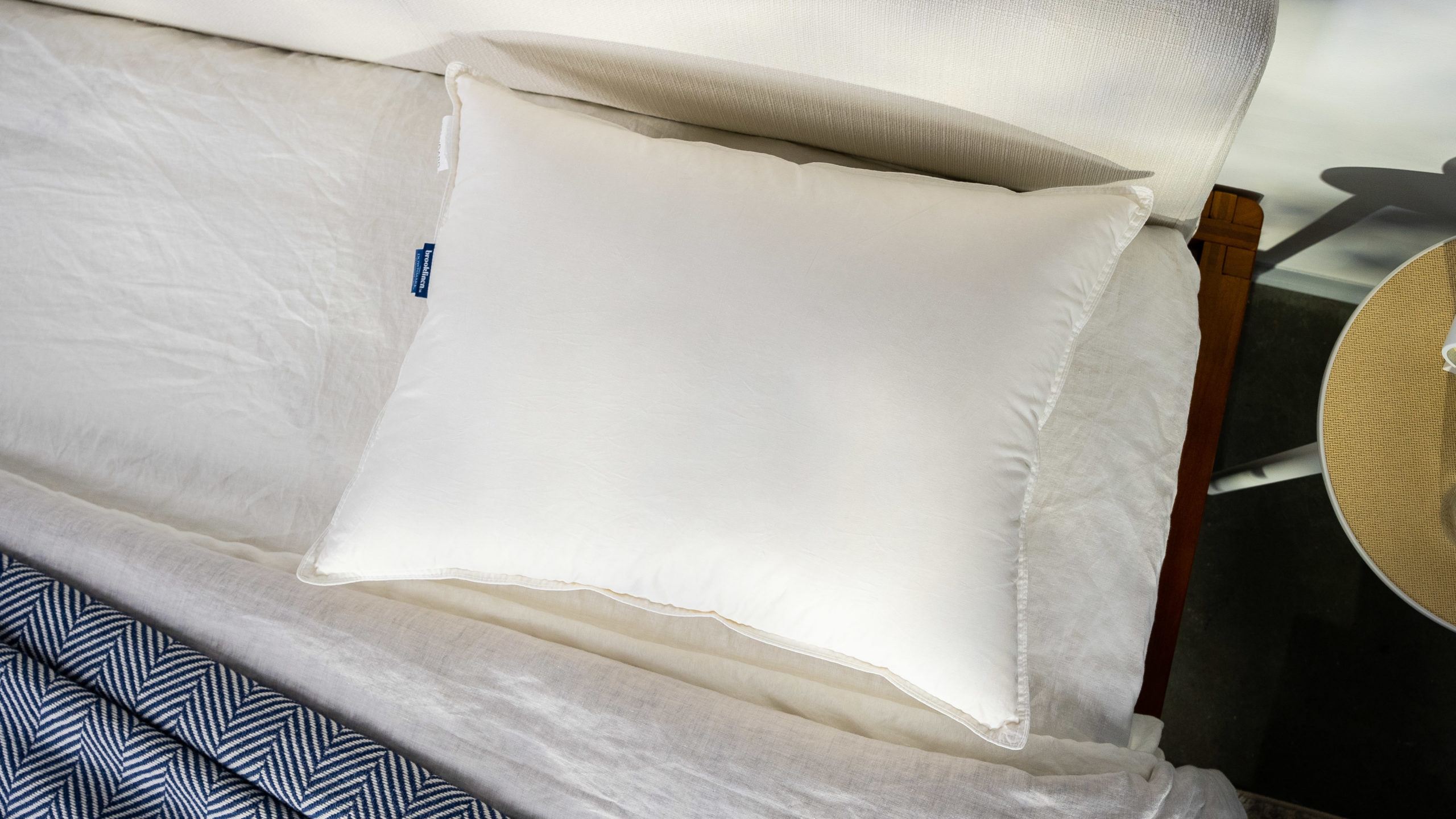 A picture of the Brooklinen Down Pillow in Sleep Foundation's test lab.