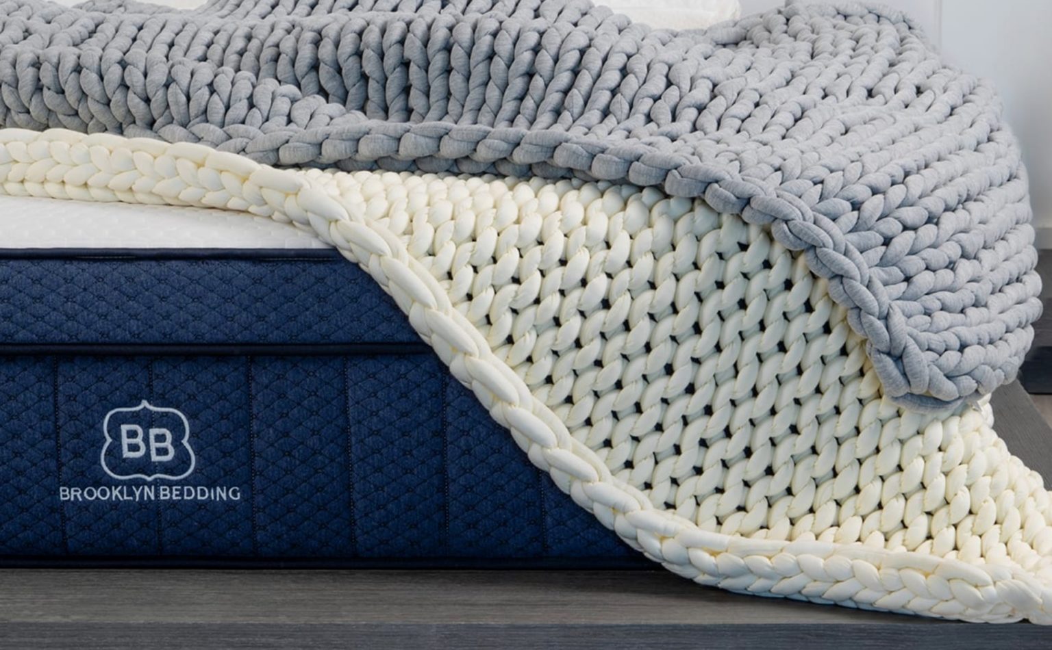 Product page photo of the Brooklyn Bedding Chunky Knit Weighted Blanket