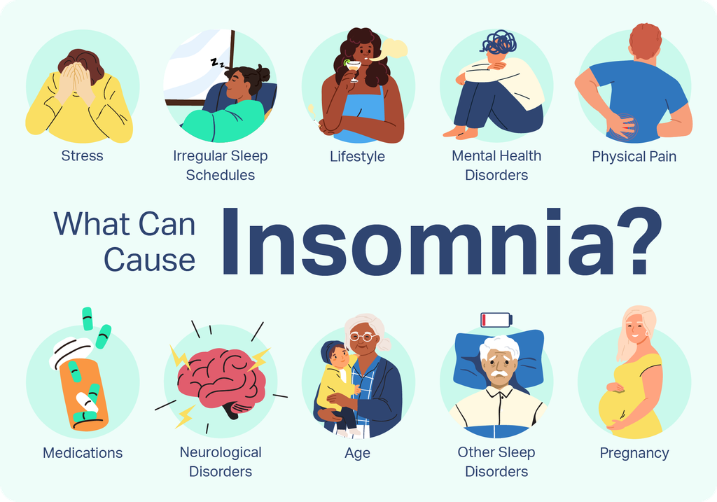 Graphic on "what can cause insomnia?" showing examples including stress, irregular sleep schedules, lifestyle, mental health disorders, physical pain, medications, neurological disorders, age, other sleep disorders, and pregnancy