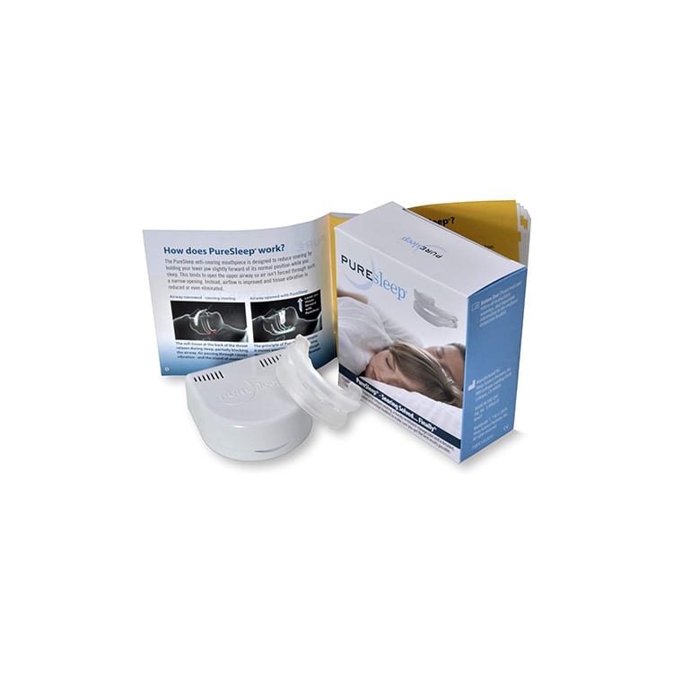 product image of the PureSleep Mouthpiece with its original packaging and instruction manual