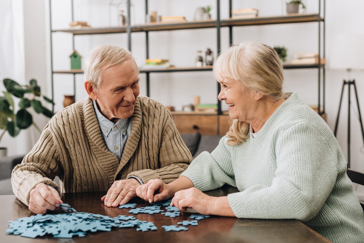 Elderly couple at table working on a puzzle