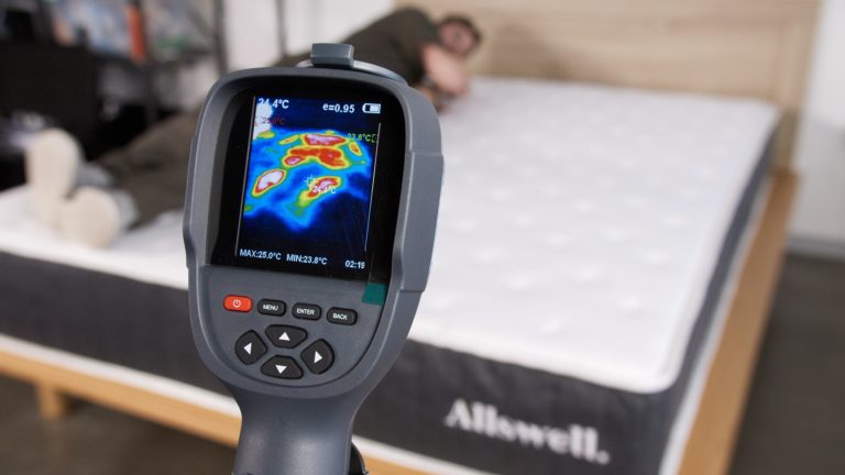 Sleep Foundation testing an Allswell mattress for heat retention with a thermal camera