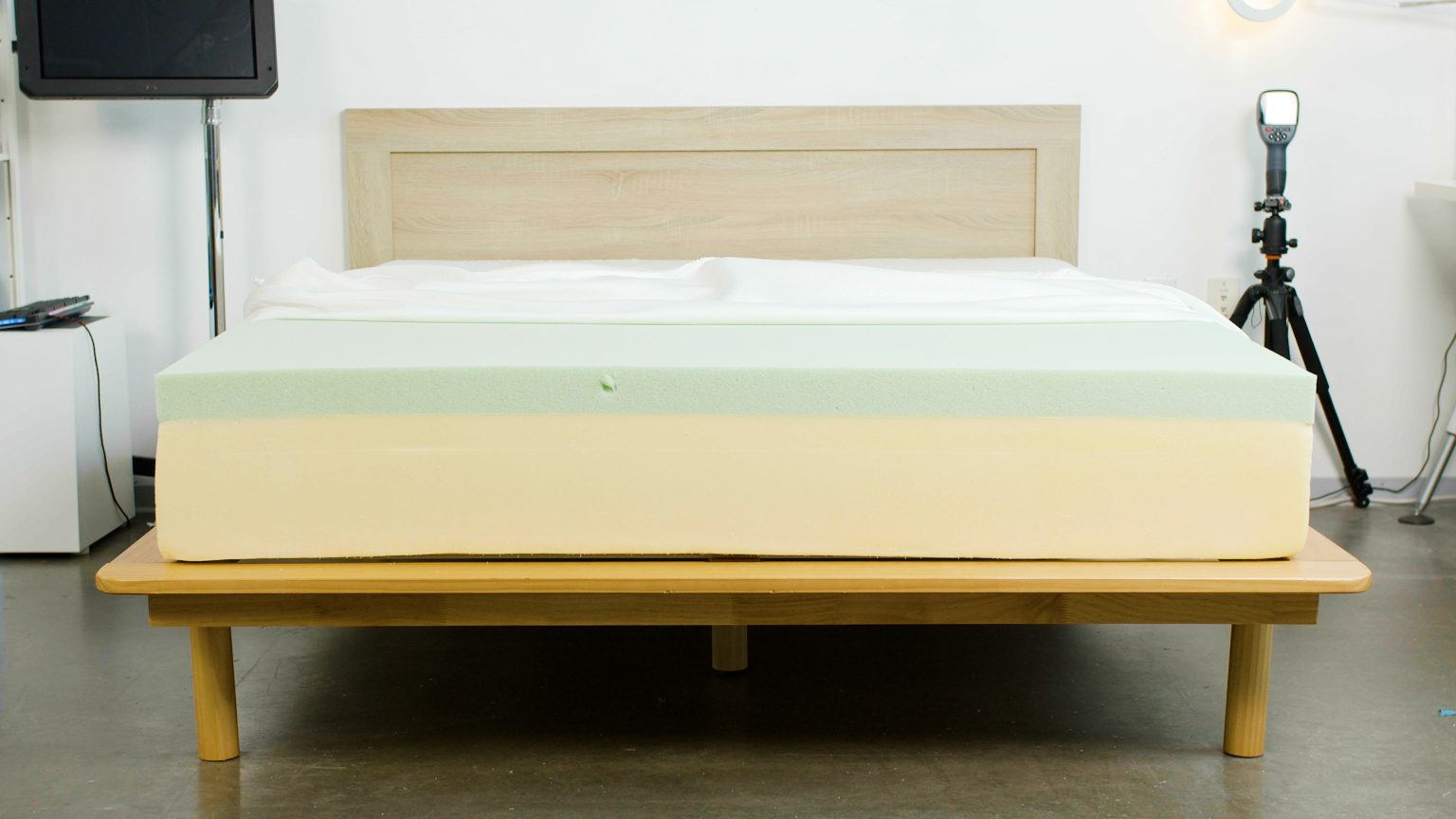 Zinus Green Tea Memory Foam Mattress with its internal foam layers exposed for testing