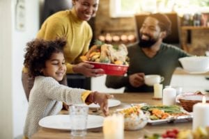 Family enjoing thanksgiving dinner with turkey