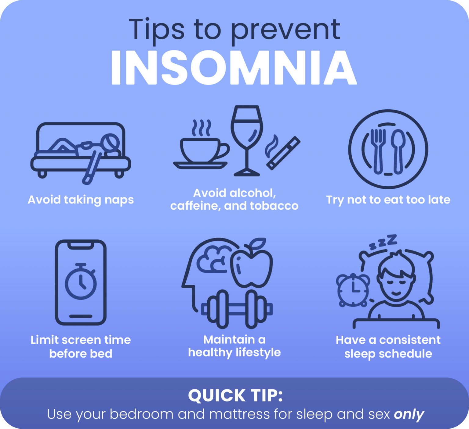Infographic of tips to prevent insomnia.