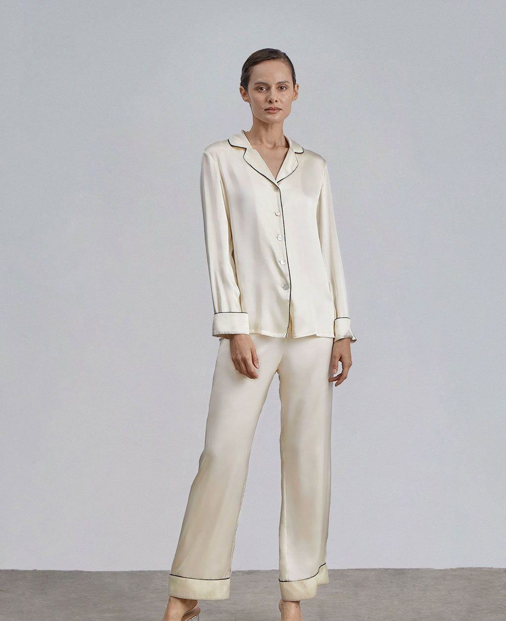product image of the Silk Maison Ivory Piped Silk Pajama Set