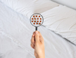 A woman's hand holds a magnifying glass, searching for bugs in mattress