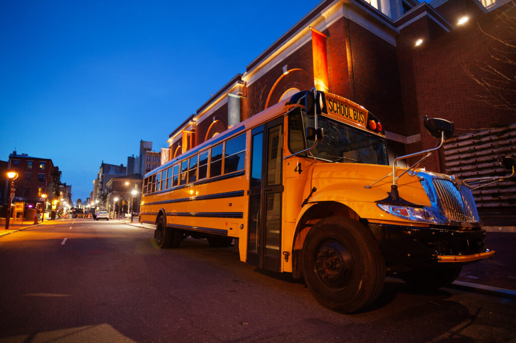 a school bus in the dark